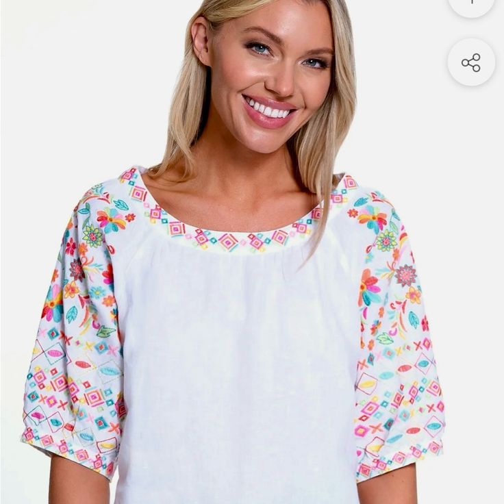 Fresh Fun Too!! Beautiful Embroidery! Darling Sleeve! Don't Pass This One Up!! Frayed Fringe Hem Spring Crew Neck Top With Embroidered Neckline, Spring Embroidered Neckline Crew Neck Top, Spring Short Sleeve Tops With Contrast Embroidery, Spring Tops With Contrast Embroidery And Short Sleeves, Short Sleeve Tops With Contrast Embroidery For Spring, Spring Multicolor Embroidered Tops With Sleeves, Multicolor Embroidered Top With Embroidered Hem For Spring, Spring Embroidered Top With Contrast Embroidery, Spring Tops With Multicolor Embroidery And Embroidered Neckline