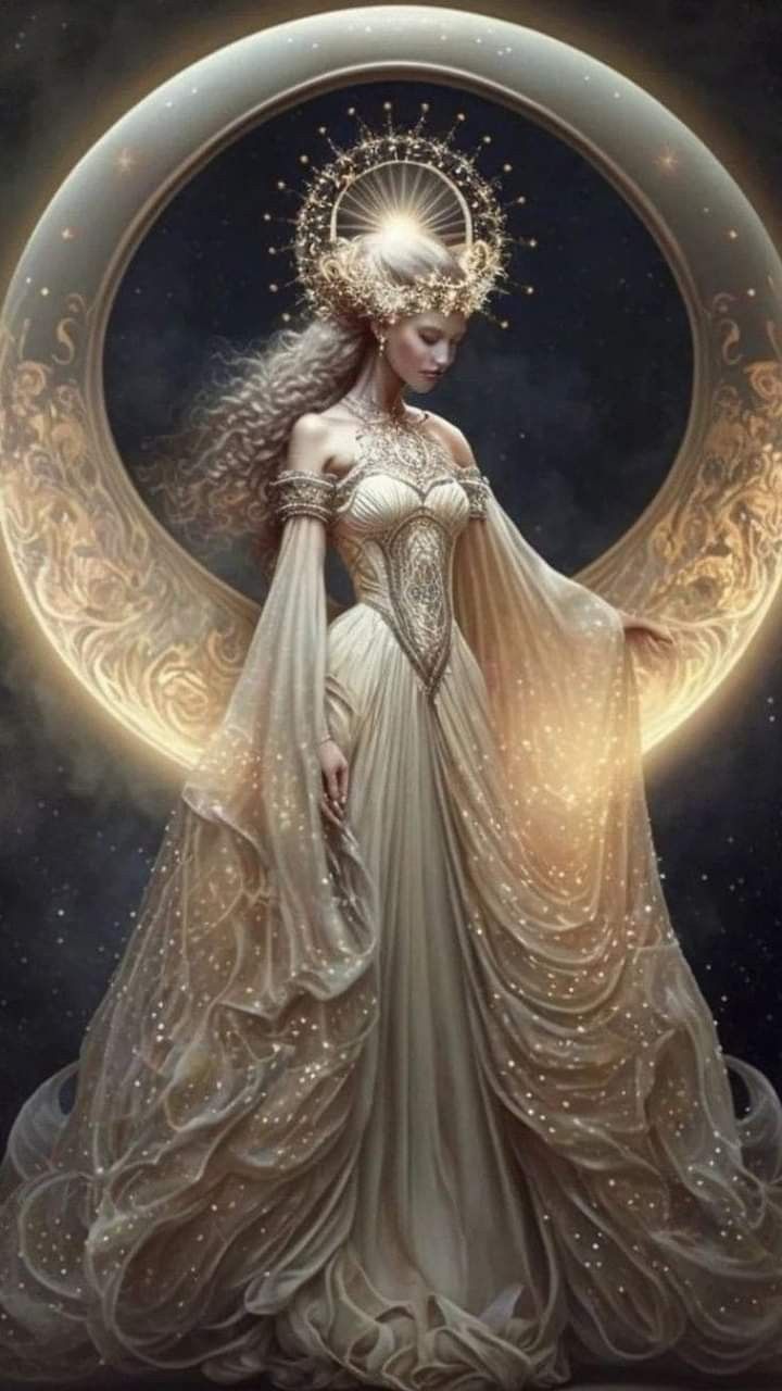 a woman in a white dress standing on top of a moon