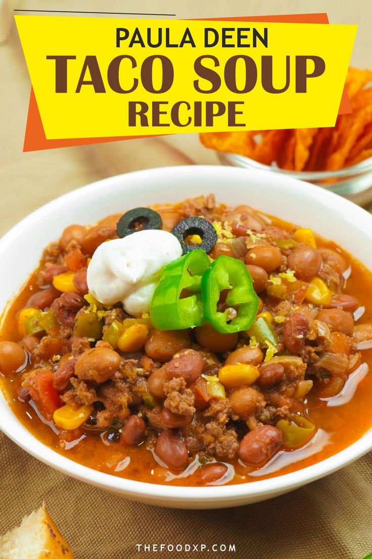 Image of Paula Deen’s Taco Soup served in a rustic bowl. The soup is filled with hearty ingredients like ground beef, beans, corn, and tomatoes, all simmered in a flavorful, spiced broth. Topped with shredded cheese, a dollop of sour cream, and fresh cilantro, this comforting dish is perfect for a satisfying meal. Taco Soup Paula Deen, Paula Deen Taco Soup Recipe, Taco Soup Recipe Easy Stove Top, Paula Deen Taco Soup, 7 Can Taco Soup, Best Taco Soup Recipe, Taco Soup With Ground Beef, Best Taco Soup, Healthy Soup Recipes Clean Eating