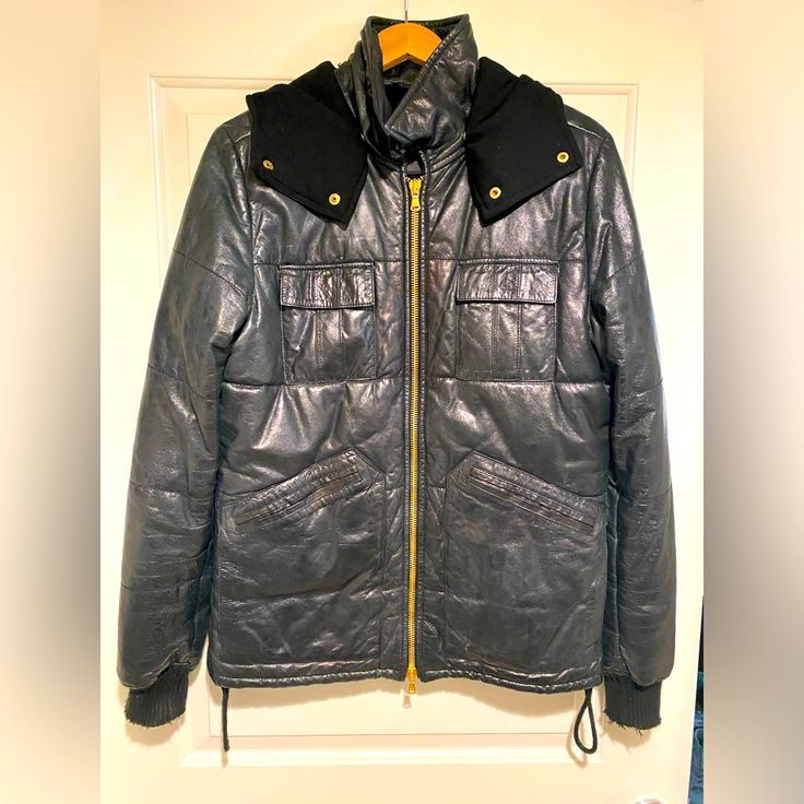 Awesome Leather Jacket In The Excellent Condition. No Rips Or Stains. Comes From A Smoke Free Pet Free Home. Sleeves Are Purposely Distressed. Size 50 And Fits Like A Large. Gold Hardware Leather Jacket With Hood, Jacket With Hood, Gold Hardware, Mens Jackets, Jackets & Coats, Leather Jacket, Man Shop, Pet, Leather