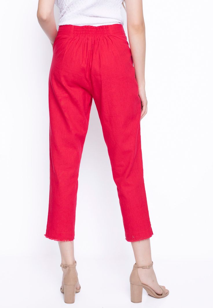 Elevate your wardrobe with our Pull-On Straight Leg Pants! These pants are perfect for any occasion and can be dressed up or down. With a matching color jacket or mix and match for a unique look, these pants will add a touch of fun to any outfit. Don't miss out on this essential ensemble! Don't forget to check out the matching Eyelet Embellished Jacket. Details: Front eyelet Pocket High-wasted style Relaxed fit Frayed edge with side slits Fabric contents: 55% Linen, 45% Cotton Care: Wash cold Re Ankle-length Yellow Pants With Pockets, Red Ankle-length Pants With Elastic Waistband, Jacket Details, Embellished Jacket, Pocket Pants, Boutique Shop, Mix N Match, Preston, Straight Leg Pants