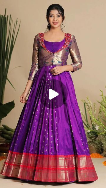 Kayyes Boutique on Instagram: "Celebrate this Rakhi with our contemporary Banarasi purple dress, showcasing elegant potli details on the yoke and a pattu border on the flair. The versatile separate Pethani Jacket, with its 3/4th sleeves and collar highlighted by intricate Khatli work, perfectly complements the trendy scoop neckline. (The jacket is Detachable)

Name: Pethani Jacket Dress
Fabric: Pethani 
Sleeve: 3/4th
Dress Length: 55inches
Front Neck Length: 7inch
Wash Care: Dry Wash
Dress: The model is wearing a S size dress
Size: S to XXL

.
Please forward the message to our inbox to place your order. Avoid sending screenshots.

.
⭐️SALE : RM390.00⭐️

.
Preorder ; Delivery will be within 20-25 days 

.
Colors shown in the picture may vary slightly due to digital photography

.
[Georgette Saree Gown With Jacket, Frock Model Kurtis, Panel Anarkali Dress, Pattu Saree Long Frocks Designs, Long Frock With Saree, Frocks With Jackets, Coat Model Long Frocks, Saree Dress Gowns Ideas, Dresses From Saree