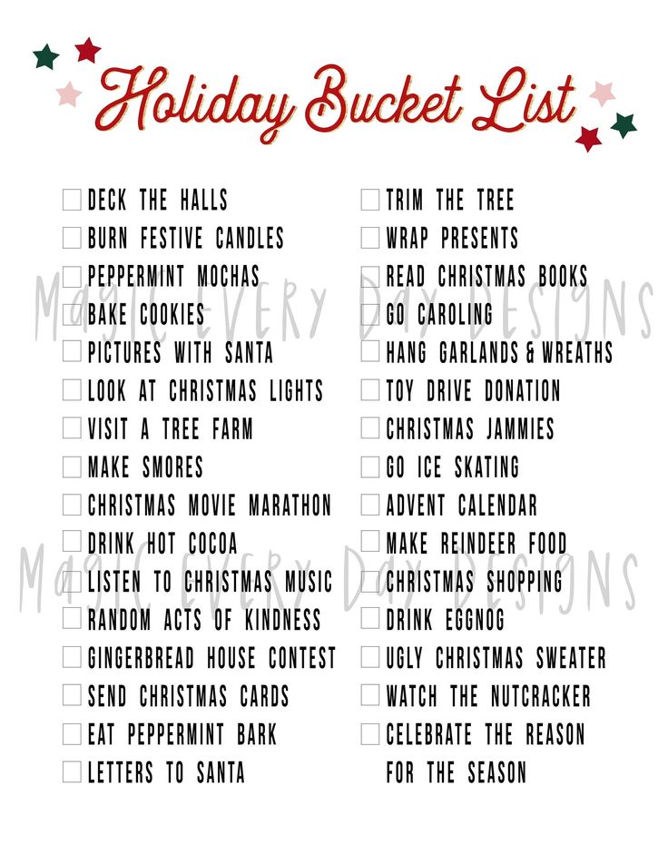 the holiday bucket list is shown in red and white