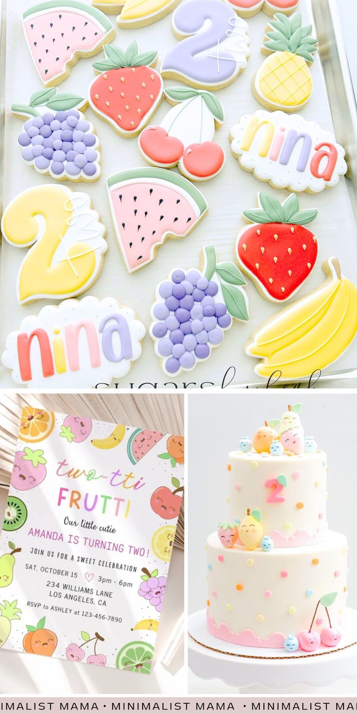 the cake is decorated with different types of fruit