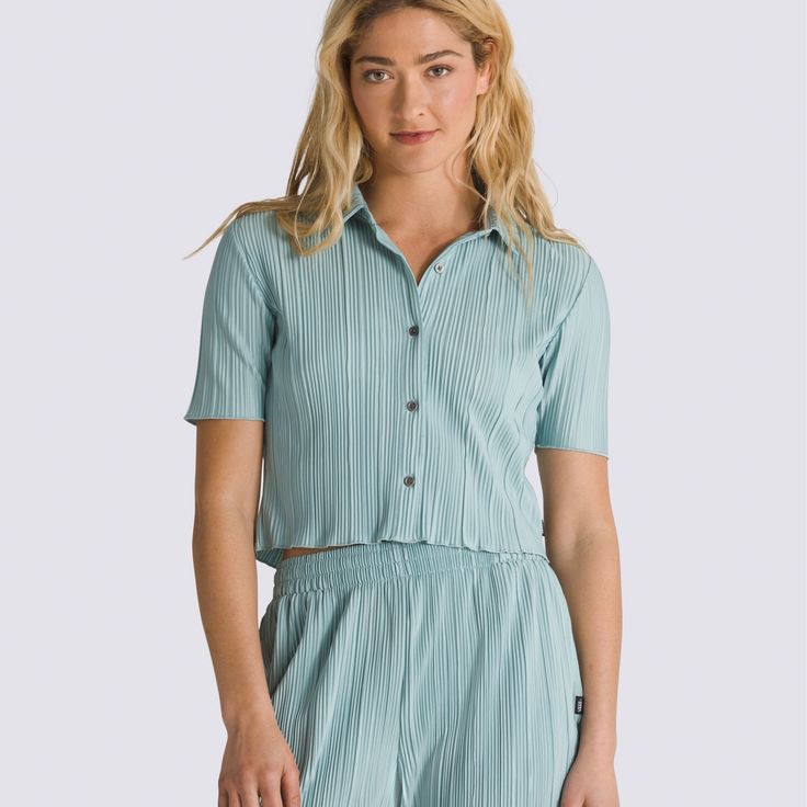 The Ambrosy Crop Shirt is a short sleeve, plisse pleated button up with a sharp sense of style, and marrow edge finished for a little extra flare. 100% Polyester fabric Plisse pleated Button up style Marrow edge finished | Vans Ambrosy Crop Shirt Womens Large Casual Pleated Relaxed Fit Blouse, Casual Pleated Tops For Daywear, Spring Pleated Short Sleeve Blouse, Short Sleeve Pleated Blouse For Spring, Pleated Short Sleeve Blouse For Spring, Pleated Tops For Summer Day Out, Summer Pleated Tops For Daywear, Casual Pleated Tops For Day Out, Casual Pleated Blouse In A Specific Color