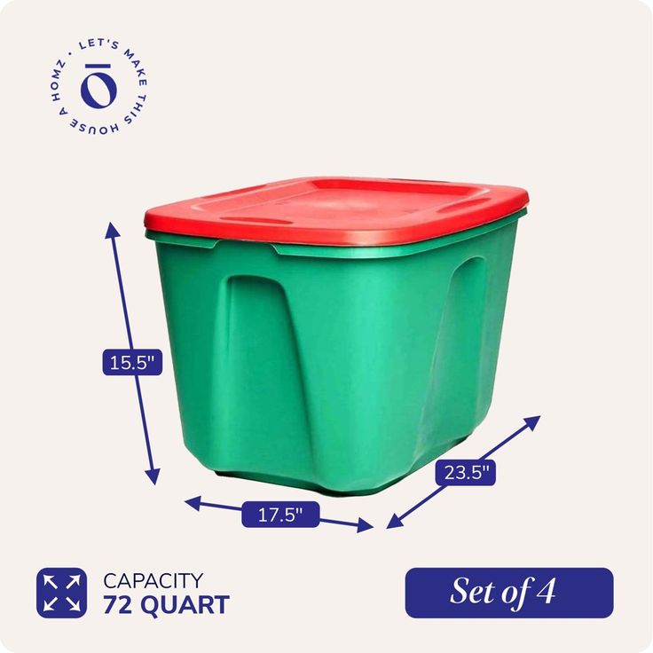 an image of a large green container with red lid and measurements for the size of it