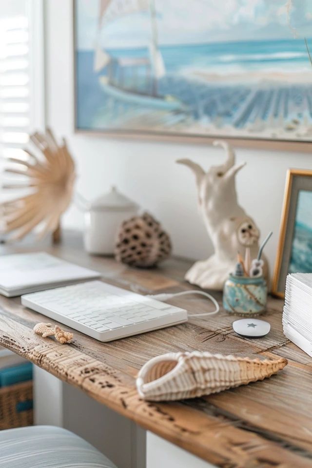 a wooden desk topped with a laptop computer next to a white vase filled with flowers