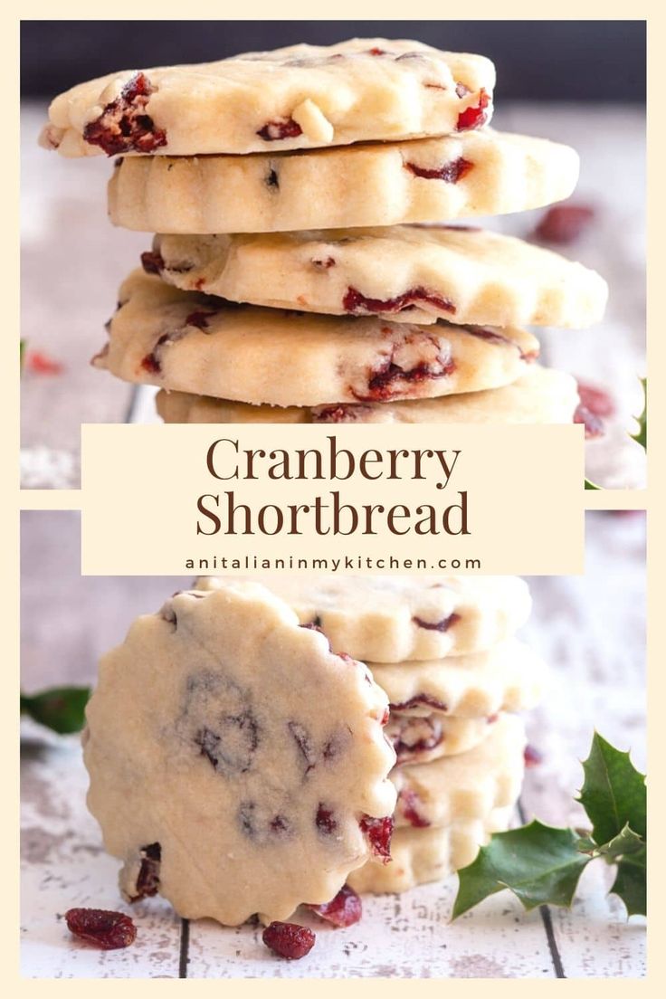 cranberry shortbread cookies stacked on top of each other with the title above it