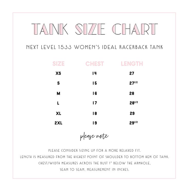 the tank size chart for this women's ideal brach top is shown in pink and