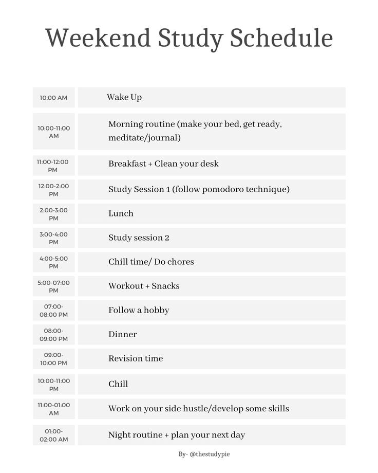 a table with the words weekend study schedule on it