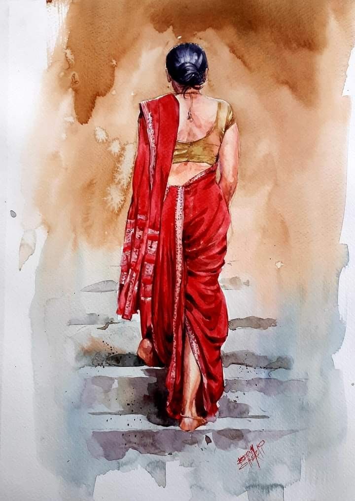 a watercolor painting of a woman walking up some steps wearing a red sari