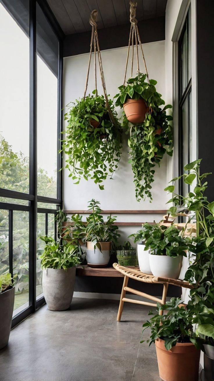 some potted plants hanging from the side of a building