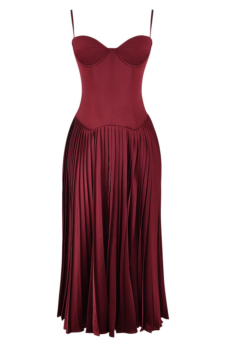 Fall for the sultry silhouette of this rich satin maxi designed with a corseted bodice and a swingy pleated skirt. Back zip closure Sweetheart neck Adjustable straps Lined 94% polyamide, 6% polyurethane with 95% polyester, 5% elastane contrast Dry clean Imported Burgundy Dress Outfit, Wine Red Dress, Maxi Design, Wine Dress, House Of Cb Dresses, Fall Wedding Guest Dress, Red Dress Maxi, Cocktail Attire, Dreamy Dress