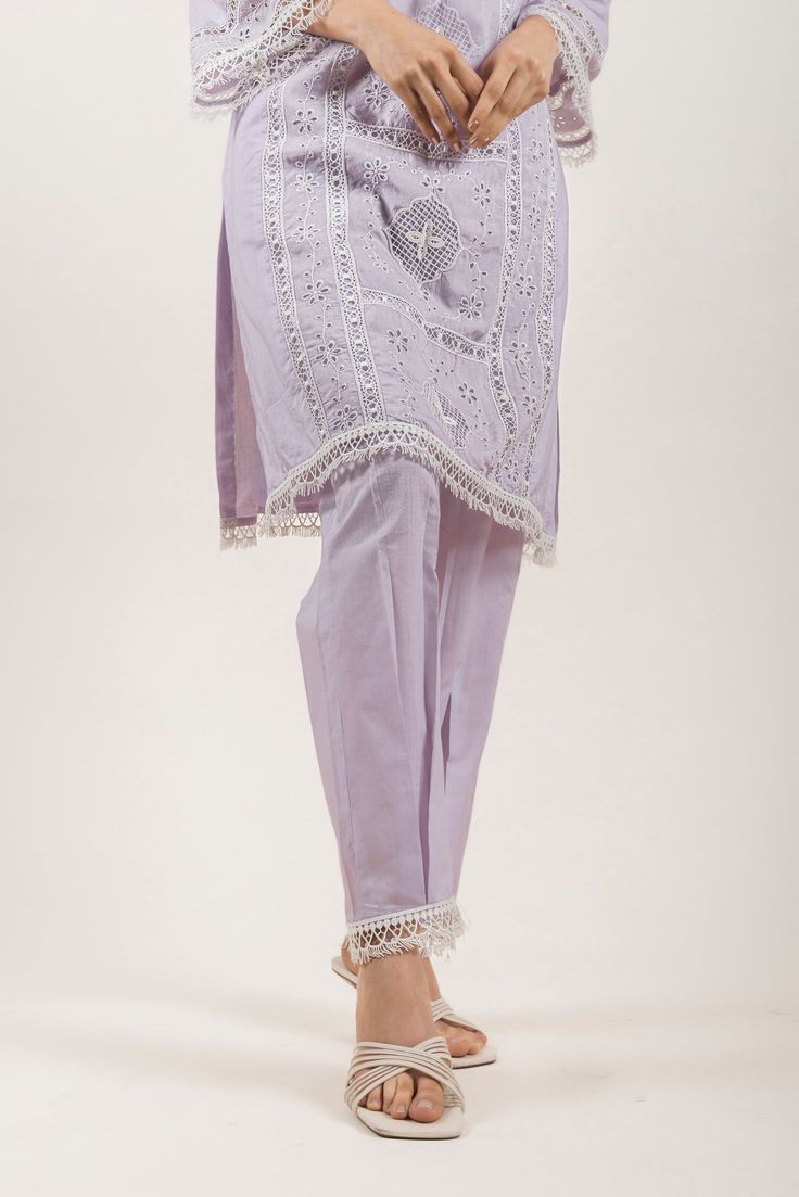 PRODUCT DETAIL: This embroidered lavender set comes laden with beautiful lace and cutwork. The subtle hues and breezy comfort fit, makes it a perfect outfit to adorn this summer. SPECIFICATIONS: Color LILAC Fabric Cotton Product Code RANG04 Embroidered Lavender, Lilac Fabric, Embroidered Suit, Cutwork Embroidery, Suit Set, Cut Work, Work Pants, Fabric Cotton, Perfect Outfit