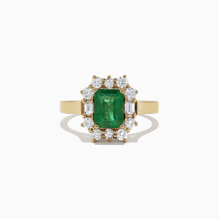 Effy Brasilica 14K Yellow Gold Emerald and Diamond Ring, 2.09 TCW Luxury Yellow Gold Emerald Ring, Classic Green Cluster Jewelry, Timeless Multi-stone Emerald Cut Jewelry, Cluster Emerald Jewelry In Yellow Gold, Emerald And Diamond Ring, Effy Jewelry, Yellow Stone, Emerald Engagement Ring, Dream Ring