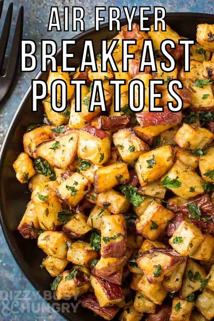 air fryer breakfast potatoes in a black bowl with text overlay that says air fryer breakfast potatoes