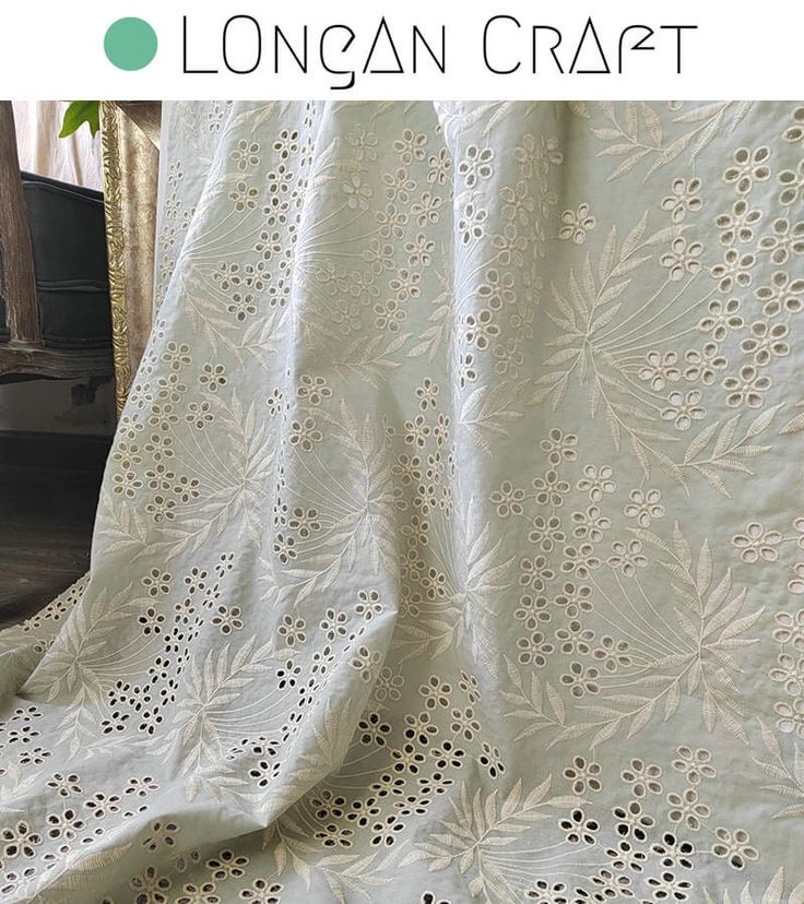 an image of a white lace curtain with text overlay that reads, longan craft