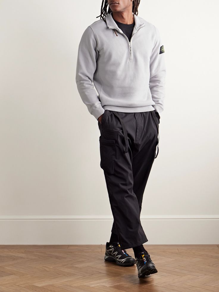 Stone Island emphasises premium textiles to ensure the longevity of its clothing. This half-zip sweatshirt is made from fleece-back cotton-jersey and appliquéd with the signature 'Compass Rose' patch on the sleeve. Streetwear Sweatshirt With Zip Cuffs And Long Sleeves, Streetwear Long Sleeve Sweatshirt With Zip Cuffs, Stone Island Clothing, Rose Patch, Compass Rose, Half Zip Sweatshirt, Sweatshirt For Men, Loungewear Shorts, Short Suit