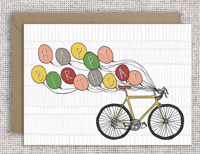 a card with a bicycle and balloons in the shape of letters that spell happy birthday