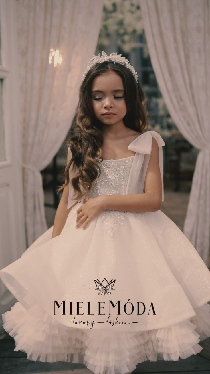 Freesia Luxury Flower Girl Communion Dress - Miele Moda Luxury Fashion Elegant Tulle Dresses For Costume, Elegant Tulle Costume Dresses, Elegant Tulle Dresses For Costume Events, Fairytale Wedding Princess Dress In White, White Fairytale Princess Wedding Dress, Elegant Tulle Princess Dress For Costume Party, Fairytale White Princess Wedding Dress, Fairytale White Wedding Princess Dress, Whimsical White Princess Dress For Wedding