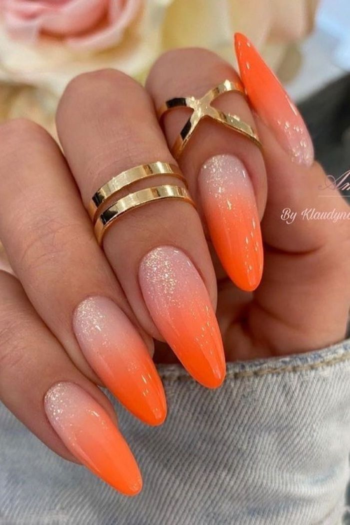 Orange Ombre Nails, Orange Acrylic Nails, Ombre Acrylic Nails, Ombre Nail Designs, Nails Almond, Nagel Inspo, Summer Nails Colors, Neon Nails, Prom Nails