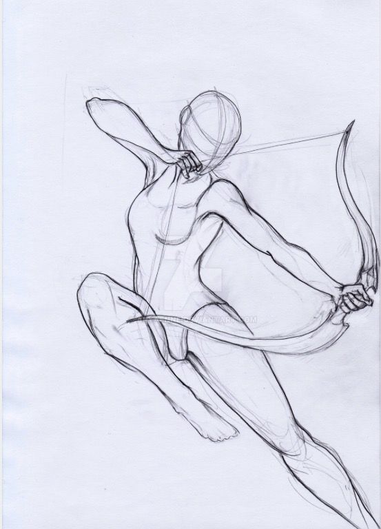 a pencil drawing of a woman holding a bow and arrow