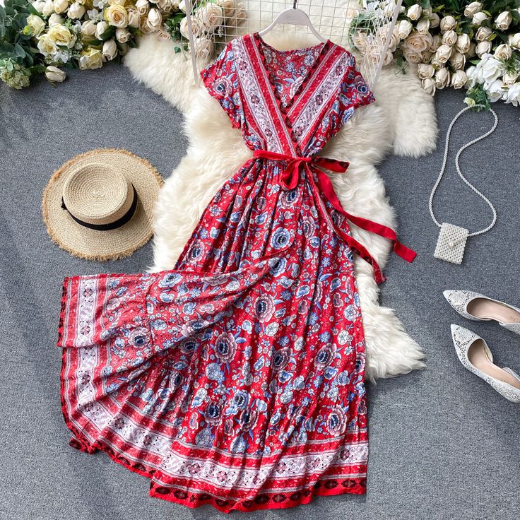 Bohemian, vintage maxi dress, printed, V-neck, short sleeves, tie up waist, cardigan beach dressMaterial:blendedStyle:bohemianFeatures:printed,maxiColor:blue,black,redSize(cm):free 1inch=2.54cmlength:125,bust:88,waist:loose&ltp&gtNote:Due to different measurement methods,there will be 1-3 error(unite:cm), please understand.</p>&ltbr/>&ltp&gtPlease check the size carefully when you choose items,thank you.</p>&ltbr/> Bohemian V-neck Dress With Tie Waist, Red Boho Print V-neck Maxi Dress, Bohemian Printed Boho Dress With Short Sleeves, Bohemian Boho Dress With Short Sleeves, Bohemian Boho Dress With Printed Short Sleeves, Bohemian Boho Dress With Short Sleeves And Print, Bohemian V-neck Rayon Maxi Dress, Bohemian Short Sleeve Printed Maxi Dress, Beach Maxi Dress With Tie Waist And Surplice Neckline