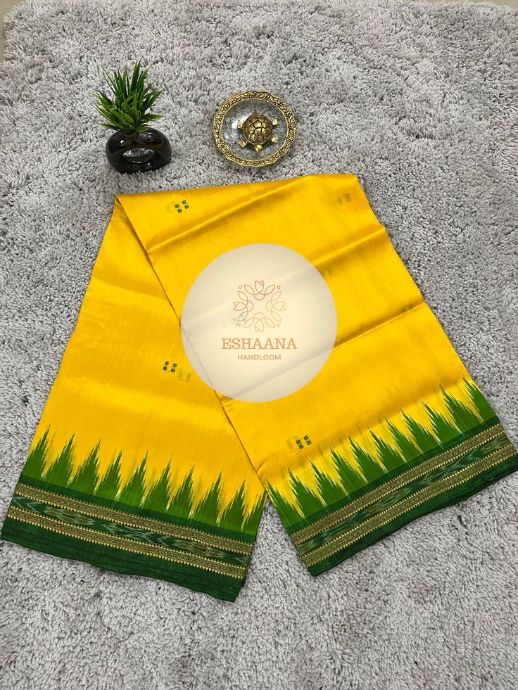 🌟 Exclusive Odisha Ikkat Pure Silk Saree 🌟 Color: Yellow and Green combination Blouse: Not  Included 💖 Please note, these sarees are meticulously handwoven by our talented artisans. Your support means a lot to them! ❤️ NOTE: Slight color variations may occur due to camera resolution. Traditional Yellow Raw Silk Pre-draped Saree, Handloom Saree For Ceremonial Diwali, Ceremonial Handloom Saree For Diwali, Traditional Yellow Paithani Silk Pre-draped Saree, Ceremonial Semi-stitched Handloom Saree, Ceremonial Art Silk Handloom Saree, Yellow Katan Silk Traditional Wear With Border, Yellow Katan Silk Saree With Border, Yellow Katan Silk Dupatta With Border