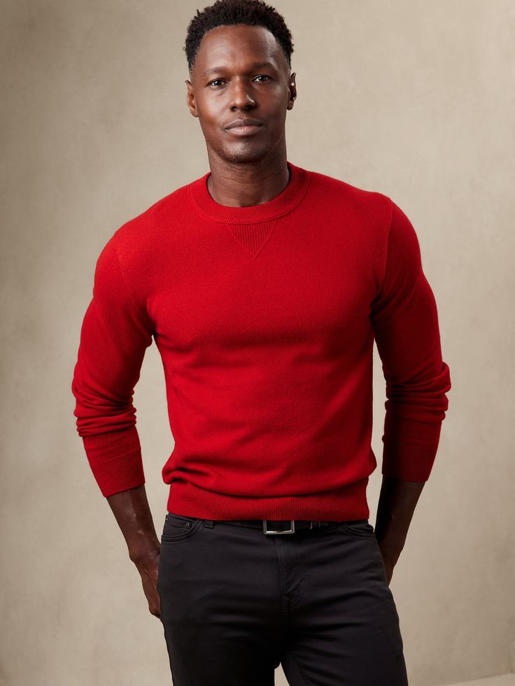 Timeless luxury, this classic cashmere sweater uses a special yarn, engineered for exceptional softness and durability so you can count on it season after season.  Crew neck.  Straight hem.  Standard fit.  Long sleeves.  Hip length.  Body length (siz Cashmere Workwear Sweater In Red, Classic Knit Sweater With Ribbed Cuffs, Red Cashmere Sweater With Fine Knit, Elegant Red Crew Neck Sweater, Classic Red Fine Knit Sweater, Classic Crew Neck Knit Sweater, Classic Knit Sweatshirt, Classic Knit Sweater With Crew Neck, Cashmere Sweater For Layering