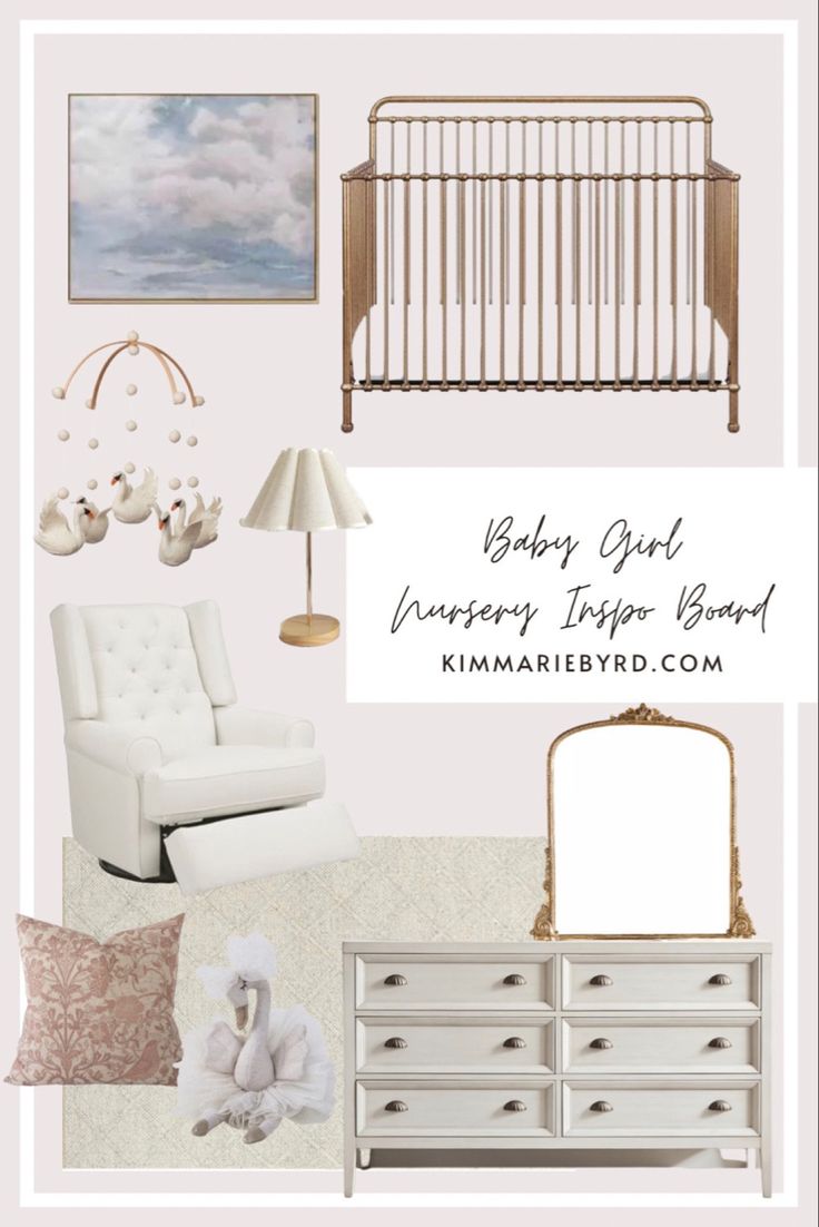 a baby girl nursery room with white furniture and accessories