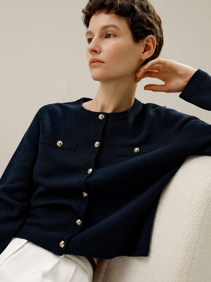 For the new collection, LILYSILK has come up with a nautical-style wardrobe, mixing and matching the classics and adding extra sexy details. This cardigan from LILYSILK's SS24 collection is woven from soft wool in a classic navy blue and is a bold fusion of the sophistication of the little office jacket and the assertive style of a short coat. It features a round collar, two patch pockets, and gold-toned buttons embellished with the LILYSILK crest. Combining comfort and elegance, it creates a stylish, structured silhouette. Ideal for daytime or office wear, mix and match it with a jumper and skirt. Jumper And Skirt, Office Jacket, Lady Jacket, Womens Active Wear Outfits, Silk Pajamas Women, Fair Isles, Camisole Set, Striped Midi Skirt, Wool Flannel