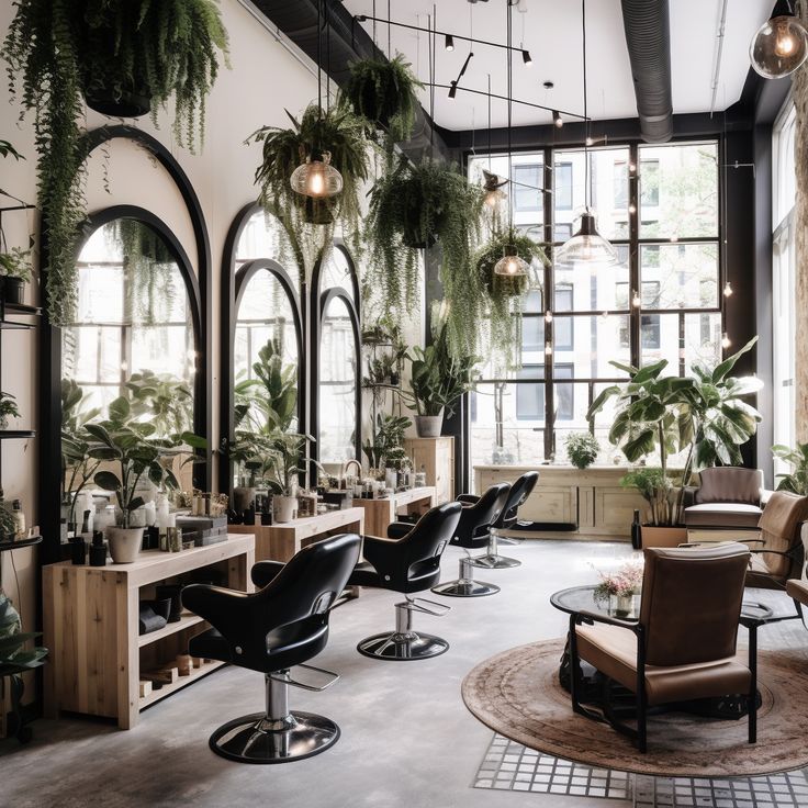 a salon with lots of chairs and plants on the walls, along with windows that look out onto the street