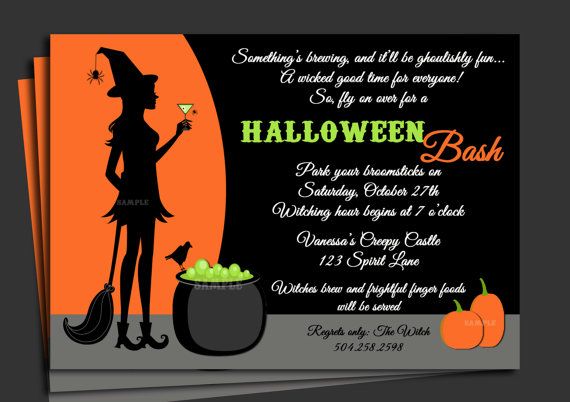 a halloween party card with a silhouette of a witch holding a broom and pumpkins