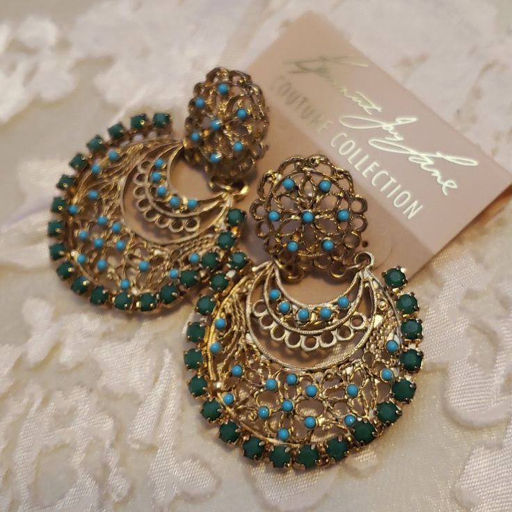 Nwt, Kenneth Jay Lane Couture Collection, Goldplated Earrings With Small Dark Green Cabochons And Small Turquoise Beads. Stunning Earrings. Has An Elegant Ethnic Look. Very Light. 2inches Bohemian Clip-on Jewelry For Parties, Turquoise Earrings For Evening, Blue Metal Earrings For Festive Occasions, Elegant Turquoise Metal Chandelier Earrings, Elegant Blue Metal Clip-on Earrings, Bohemian Metal Earrings For Evening, Elegant Turquoise Clip-on Earrings, Bohemian Earrings For Evening, Bohemian Evening Earrings