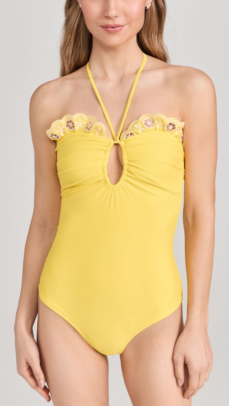 Sea Arabella Halter Neck One Piece | Shopbop Rosabella Beauty, Yellow Bathing Suit, Sea Clothes, Yellow Swimsuits, Eyelet Embroidery, Ruffle Swimsuit, Cute Swimsuits, Neck Piece, Swimsuit Cover Ups