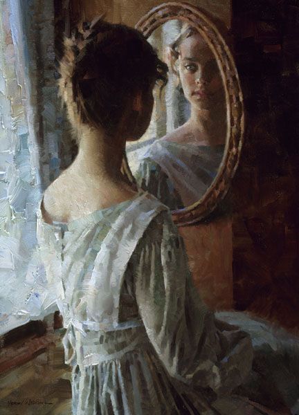 a painting of a woman looking at herself in the mirror while wearing a white dress