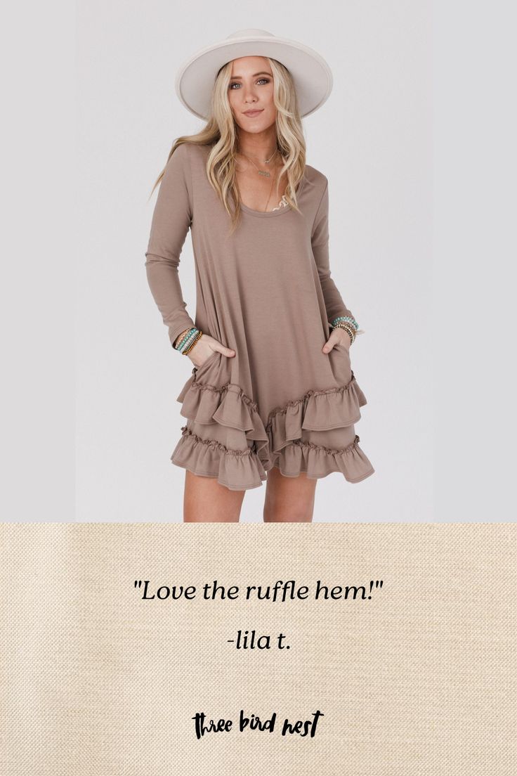 Excited to bring you the Constance Ruffle Hem Long Sleeve Dress from our exclusive collection; The Nest by Three Bird Nest. Check out the rest of the collection here - Inspired by you, created by us. You'll love dressing this up or down because it features: Comfortable stretch tee shirt fabric Relaxed and loose dress silhouette at a mini length Flattering scoop neckline (perfect to show off your cute bralettes!) Fitted long sleeves SO CUTE ruffle details along the bottom edge Convenient side poc Cute Bralettes, Boho Essentials, Bralette Outfit, Three Bird Nest, Denim Day, The Nest, Dress Silhouette, Bird Nest, Shirt Fabric