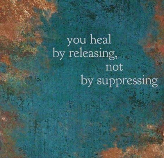 the words you heal by releasing, not by suppressing on a blue background