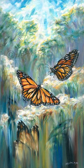 two monarch butterflies flying in the air above water