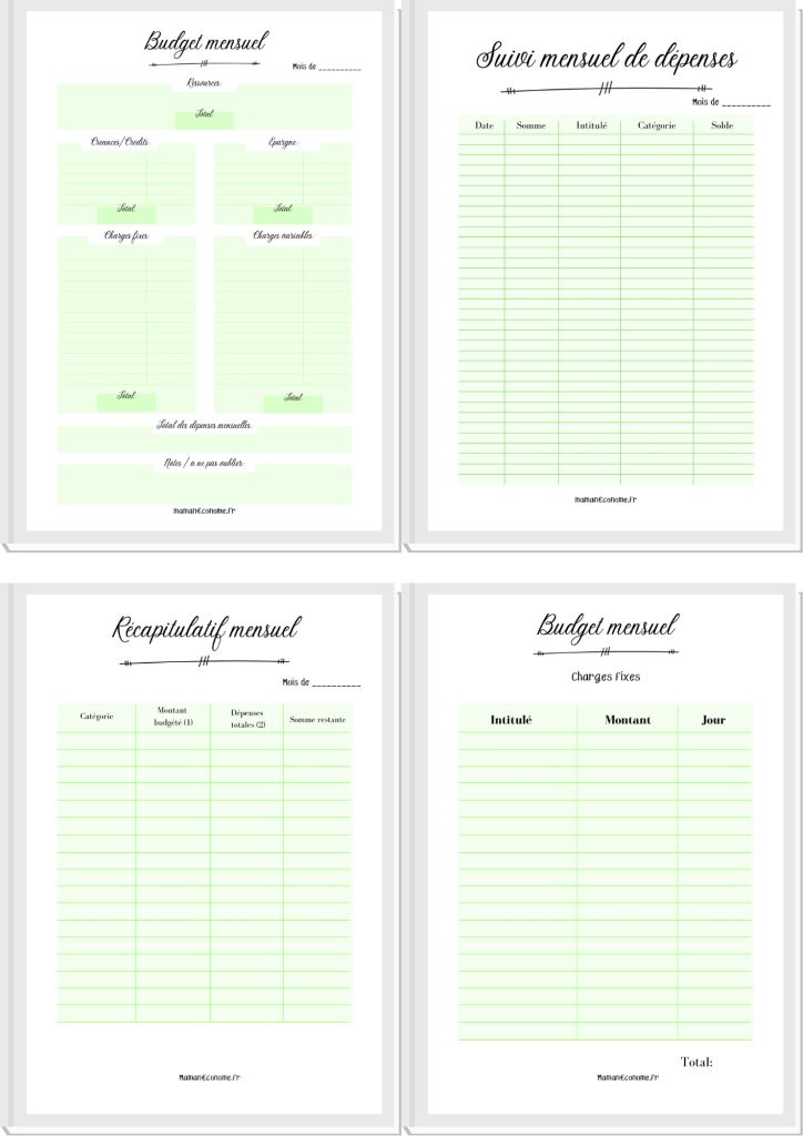 four sheets of paper with different types of writing on them, all in green and white