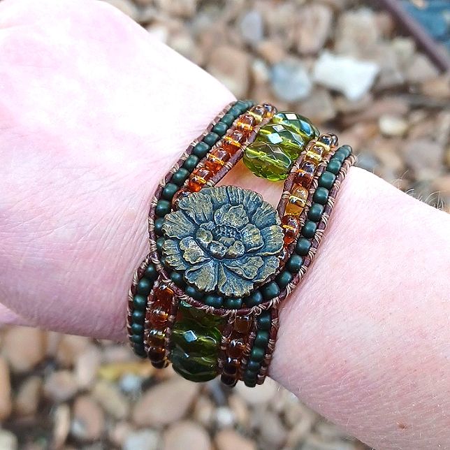 Handmade Leather Bronze And Glass Beaded Cuff Bracelet I Made This Bracelet Using A Bronze Metal Button, Leather Cord, Amber And Green Glass Beads These Bracelets Take Me About 8 Straight Hours To Make, They Are One Of A Kind And Will Last Forever Bead Embroidered Bracelet, Jewelry Making Business, Embroidered Bracelet, Leather Ideas, Loom Bracelet, Beading Jewelery, Beaded Cuff Bracelet, Loom Bracelets, Beaded Cuff