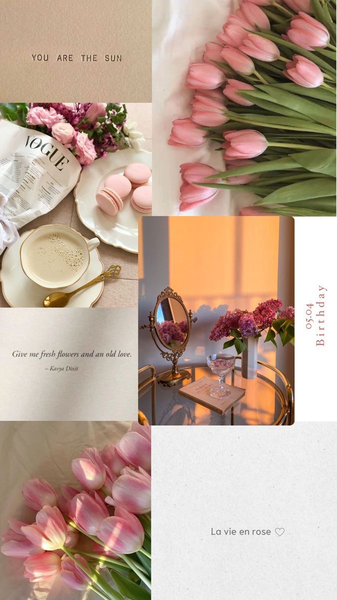 pink tulips and other flowers are arranged on the table in this collage