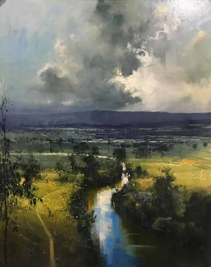 an oil painting of a river running through a green field with clouds in the sky