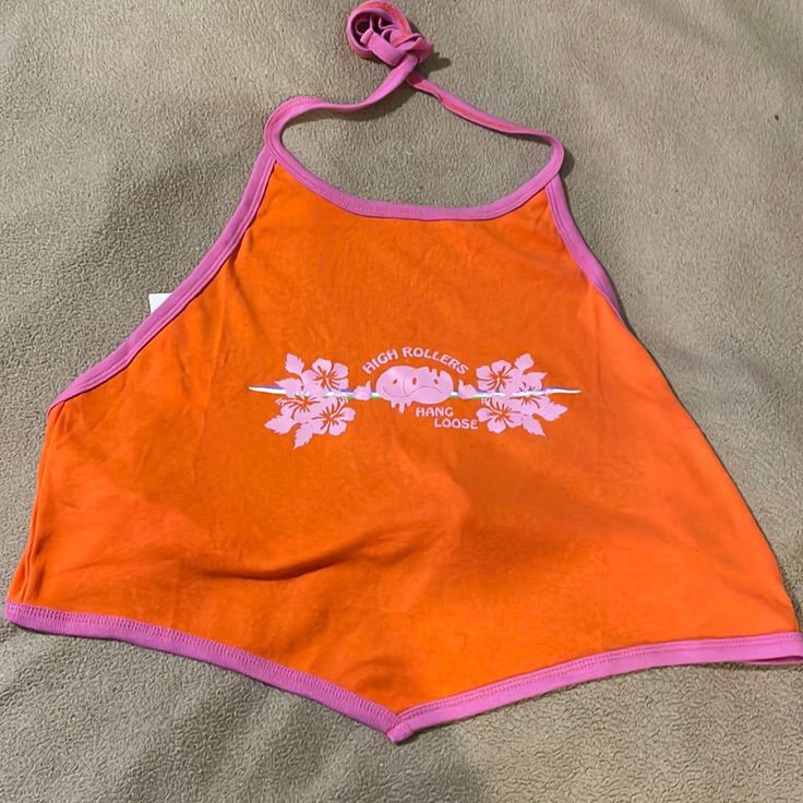 Orange And Pink Halter Top. It’s Such A Cool Too But It’s Too Big For Me. Casual Pink Crop Top For Day Out, Casual Pink Crop Top For Summer, Cute Pink Top For Summer, Pink Cotton Tank Top For Vacation, Pink Fitted Tops For Beach Season, Trendy Pink Crop Top For Beach, Cute Pink Summer Top, Casual Pink Crop Top For Beach Season, Summer Peach Cotton Tops