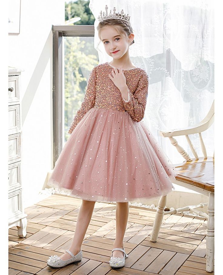 Buy pink tulle bling sequins ballgown girls formal party dress with long sleeves at wholesale price online. Free shipping and pro custom service since 2009. Toddler Girl Party Dress, Long Sleeve Tulle Ball Gown For Prom, Pink Long Sleeve Ball Gown For Prom, Spring Long Sleeve Tutu Dress For Pageant, Pink Sequined Ball Gown For Parties, Princess Style Long Sleeve Tulle Ball Gown, Pink Long Sleeve Pageant Dress, Long Sleeve Tulle Pageant Dress For Wedding, Long-sleeved Sequin Princess Dress