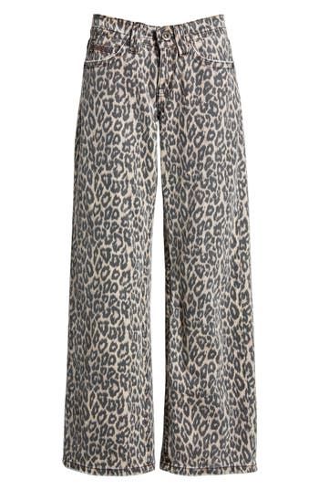 Fall for the wide-leg silhouette of these rigid jeans covered in irresistible leopard spots. Exclusive retailer Zip fly with button closure Five-pocket style 100% cotton Machine wash, line dry Made in Turkey Cotton Wide Leg Leopard Print Pants, Wide Leg Cotton Bottoms In Leopard Print, Casual Straight Leg Leopard Print Jeans, Casual Leopard Print Straight Leg Jeans, Straight Leg Cotton Pants In Leopard Print, Casual Leopard Print Jeans For Fall, Cheetah Pants, Leopard Jeans, Leopard Pants