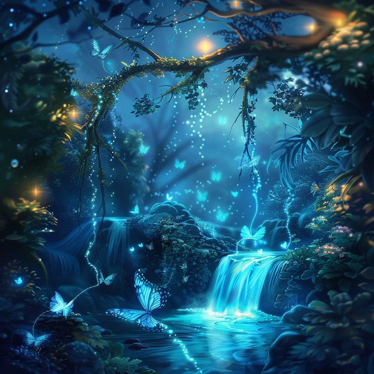 Prompt 👉a stream running through a lush green forest, trending on polycount, fantasy art, glowing neon flowers, blue bioluminescence, beautiful avatar pictures, magical colorful flowers, with glowing blue lights, glowing blue butterflies, in a deep lush jungle at night, how pretty, underwater glittering river, 4k anime wallpaper, [[fantasy]], flowery wallpaper 👉 if Like, please Follow and Share AI Graphics Studio 👇Contact on WhatsAPP: http://tiny.cc/aigraphicsstudio #aigraphicsstudio #AI #D... Blue Jungle Art, Avatar Glowing Forest, Light Fantasy Art, Avatar Landscape, Pretty Underwater, Avatar Forest, River Magic, Bioluminescent Animals, Beautiful Avatar