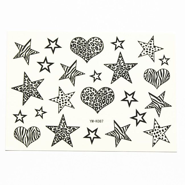 black and white stickers with hearts, stars and cheetah designs on them