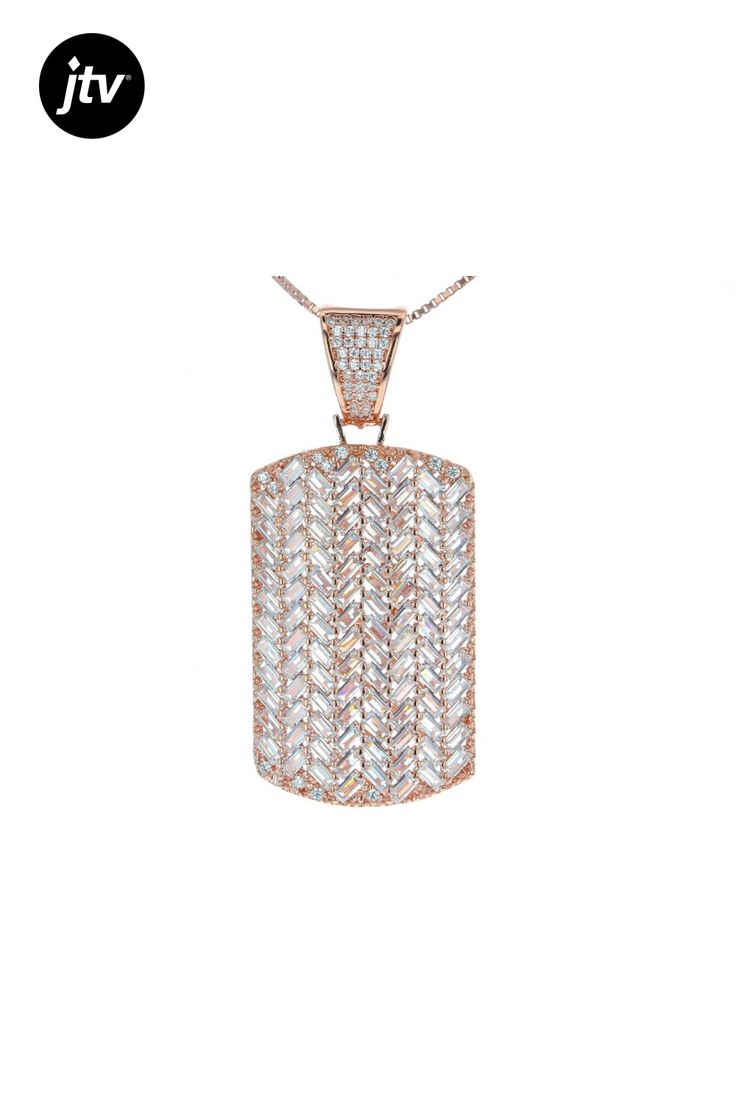 Bella Luce ��white diamond simulant 7.85ctw round and baguette, Eterno ��� 18k rose gold over sterling silver pendant with chain. Pendant measures approximately 1.88"L x 0.81"W and has a 6mm bail. Also includes an 18 inch baby box chain and has a lobster claw closure. The diamond equivalent weight is 6.18ctw. Rose Gold Baguette Diamond Jewelry In Cubic Zirconia, Rose Gold Cubic Zirconia Jewelry In Baguette Cut, Rose Gold Cubic Zirconia Jewelry With Baguette Diamonds, Rose Gold Cubic Zirconia Jewelry With Baguette Cut, Rectangular Rose Gold Jewelry With Baguette Diamonds, Rectangular Rose Gold Cubic Zirconia Jewelry, Rose Gold Cubic Zirconia Iced Out Necklace, Rose Gold Iced Out Cubic Zirconia Necklaces, Rose Gold Iced Out Cubic Zirconia Necklace