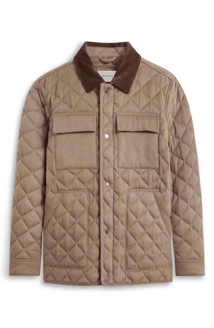 Head into the cold-weather season in this timelessly stylish and comfortably functional field jacket boasting a wale-corduroy collar, diamond-quilted insulation and a relaxed fit. 27" length Two-way front-zip closure with snap storm placket Spread collar Adjustable snap cuffs Front welt pockets; chest flap pockets Lined, with synthetic fill 53% wool, 32% polyester, 5% cashmere, 5% nylon, 5% other fibers Dry clean Imported Classic Winter Quilted Jacket With Diamond Quilting, Winter Quilted Utility Outerwear, Casual Outerwear With Diamond Quilting, Classic Diamond Quilted Jacket For Winter, Winter Workwear Quilted Jacket With Diamond Quilting, Winter Utility Outerwear With Lapel Collar, Quilted Winter Utility Jacket With Long Sleeves, Quilted Utility Jacket For Winter, Winter Utility Jacket With Patch Pockets For Cold Weather